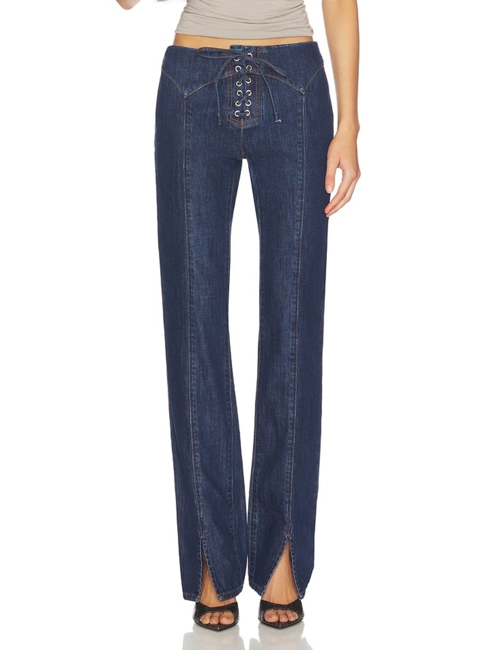 Miaou Element Bootcut Lace Up Pants Size Medium Dark Wash NWT Split Hem - Picture 6 of 6